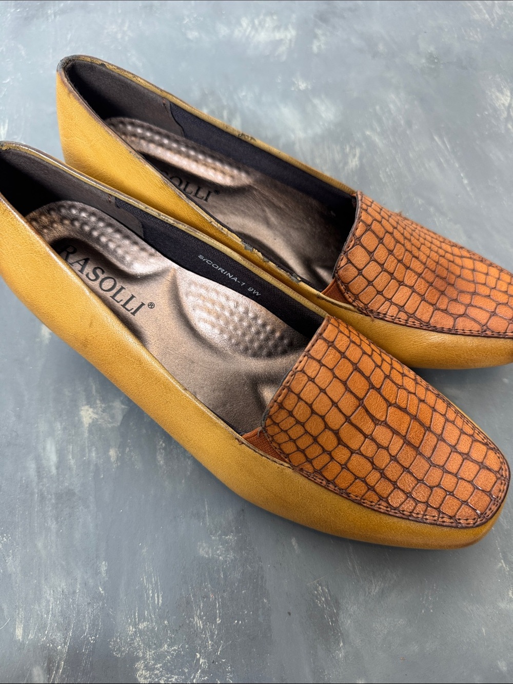 Rasolli Vintage Mustard Leather Loafers with Brown Croc-Print Vamp